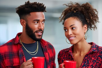 African American man and woman enjoying coffee together in a modern office setting, showcasing friendship and connection in a vibrant atmosphere
