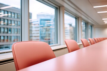 Soft pink modern meeting room featuring a long table surrounded by chairs, creating an inviting atmosphere for collaboration and discussion in a professional setting.