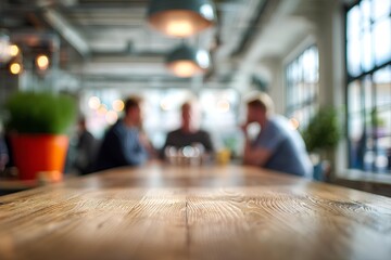 Candid portrait of coworkers enjoying coffee at a rustic wooden table in a bright, modern cafe, creating a warm and inviting atmosphere for social interaction