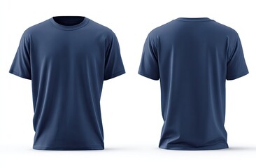 Navy t-shirt, front & back view, isolated on white backdrop. Clean