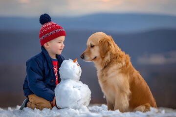 Child in winter attire joyfully interacts with a golden retriever beside a snowman, capturing the essence of playful moments in a snowy landscape with soft sunlight