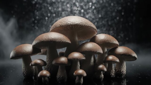 Group of mushrooms with dark background and mist