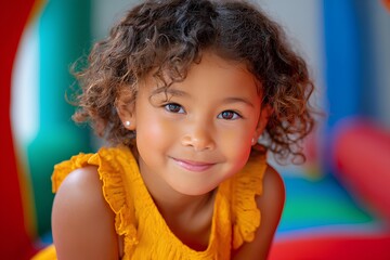 Little girl radiates joy as she bounces energetically in a vivid inflatable house, immersed in cheerful colors and playful fun.