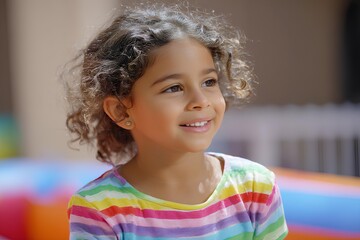 A cheerful curly girl gleefully playing in a multicolored inflatable bouncer, reflecting the innocence and happiness of playful childhood moments.