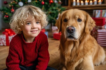 A golden retriever sits close to a blonde child near a sparkling Christmas tree, creating a heartwarming holiday scene filled with comfort and festive cheer.