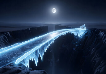 A mystical frozen bridge illuminated by a full moon, creating a magical atmosphere