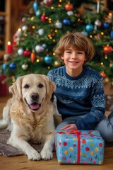 A golden retriever and boy sit together near a festive Christmas tree, enjoying the soft glow of lights and the cozy atmosphere of holiday celebrations.