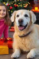 A golden retriever and a child sit quietly near a glowing Christmas tree, surrounded by colorful presents, creating a warm and cozy holiday moment.