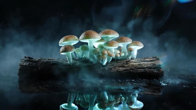 Luminous mushrooms on wooden log in dark mysterious atmosphere