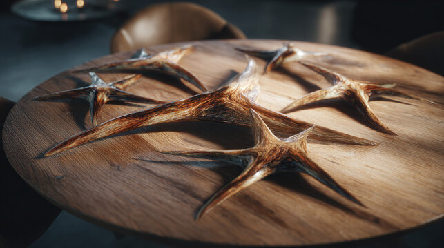 An arrangement of star-shaped breads displayed on a wooden table. The baked goods are golden brown in color, with a rustic aesthetic. 