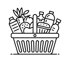 A grocery basket is filled with a variety of food items and drinks.