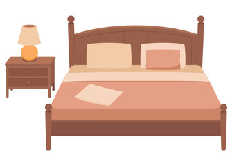 A wooden bed and nightstand are shown with a lamp.