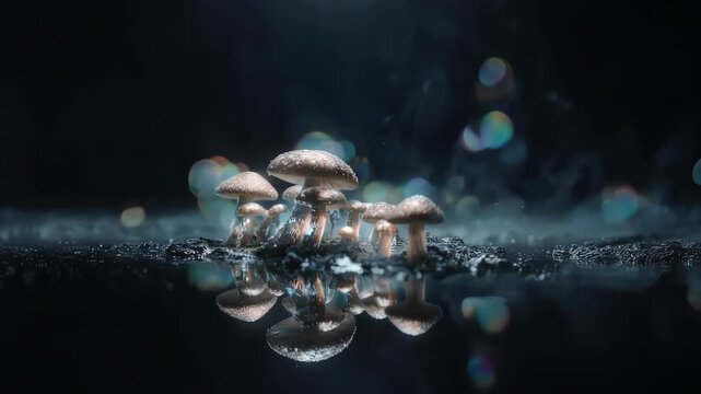 A group of mushrooms on a dark, wet surface with reflections and bokeh in the background