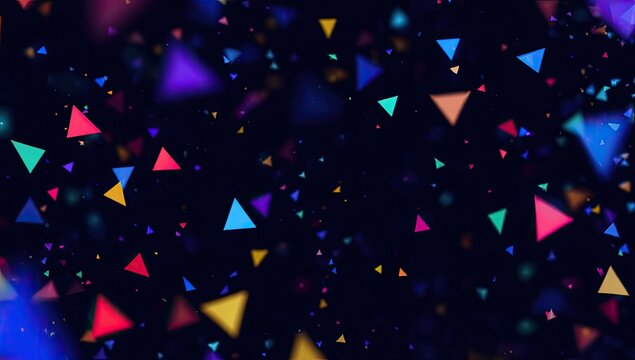 Bokeh background with colorful, blurred triangles floating on dark - Powered by Adobe