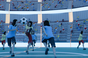 Women’s football match action moment at sunset with crowd cheering render 3D, woman kick soccer bal