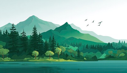 Serene green mountain landscape by water with trees, vector illustration