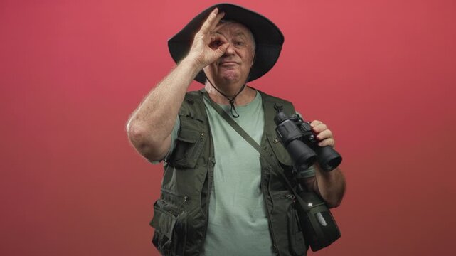 Man holds binoculars and makes ok sign over eye while wearing hat and vest in studio; curiosity adventure.