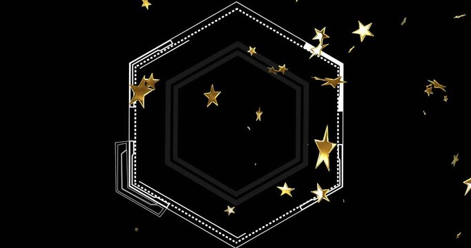Scattering gold stars appearing, layered white hexagon growing, stars orbiting right creating decor