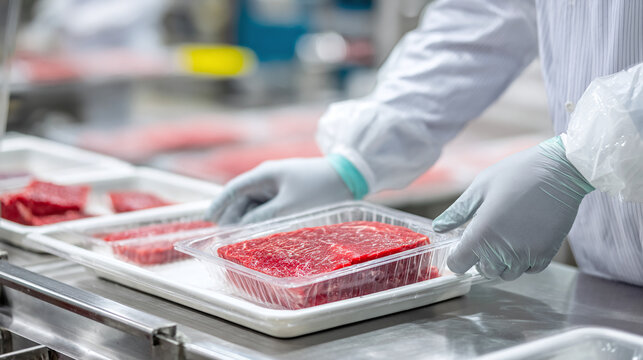 Freshly packaged raw meat in a processing plant, showcasing hygiene and precision