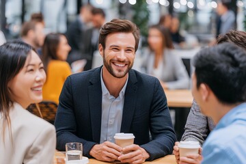 Group of diverse employees engaging in lively discussion at a modern office, showcasing teamwork and collaboration in a vibrant workspace with coffee cups