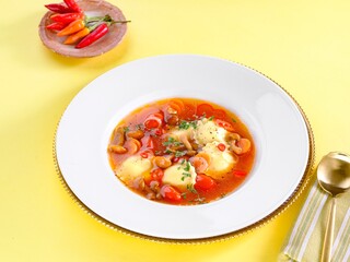 A delightful bowl of Griasoli Pasta swims in a rich, red broth, featuring colorful vegetables and herbs. Nearby, fresh chili peppers add a touch of heat
