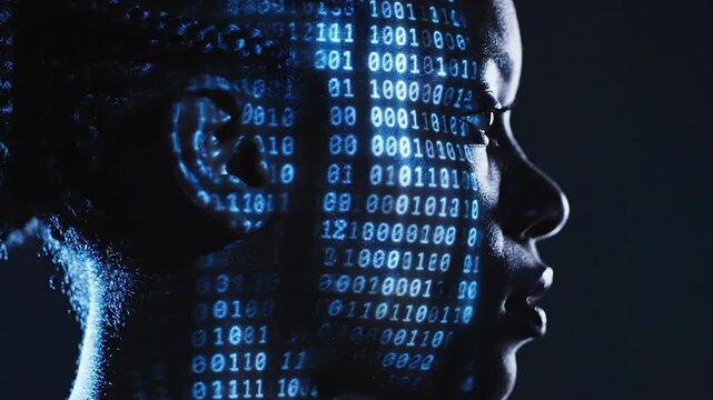 Digital identity concept with binary code projection on person's face