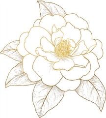 Golden line art of a camellia bloom surrounded by leaves, isolated image