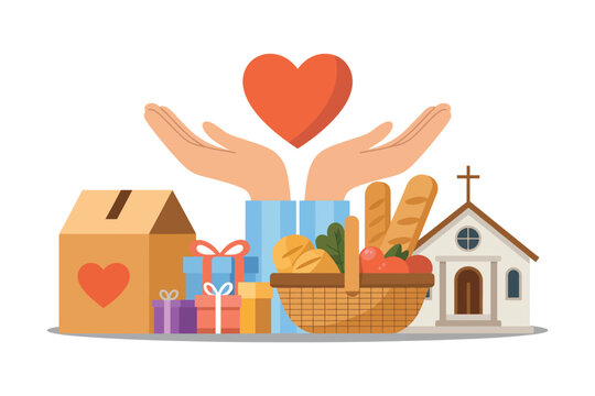 Hands holding a heart above a collection of donations for a church.