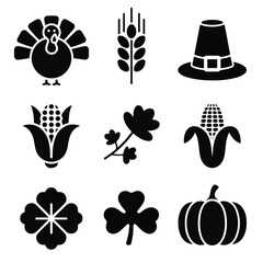 Minimalist Thanksgiving & Harvest Silhouette Icon Set – Black & White Vector Style

