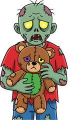 Zombie with teddy bear, cartoon horror, stitched character, creepy cute, emotional contrast, spooky design, flat vector illustration