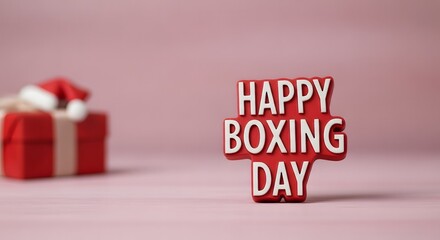 Happy Boxing Day festive greeting with a red gift box and Santa hat on a simple pink background with copy space