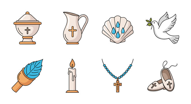 A collection of Christian religious symbols, including elements for baptism, communion, and general faith, depicted as colorful icons.