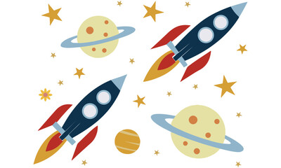 Naklejka premium Adorable rocket and planet clipart set featuring colorful spaceships, stars, and planets — perfect for kids’ art, crafting projects, nursery decor, and digital space-themed designs.