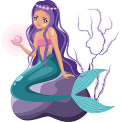 Pixel Art Mermaid Sitting on Rock Holding Pearl With Purple Hair and Teal Tail Surrounded by Seaweed