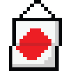 Pixel Art Representation of a Framed Artwork Featuring a Red Diamond Shape Centered on a White Background with Black Border and Hanging Loop Simple Geometric Design