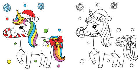 Christmas coloring page of cute cartoon unicorn wearing Santa hat and holding candy cane in mouth, vector illustration with color and black and white outline versions for children activity