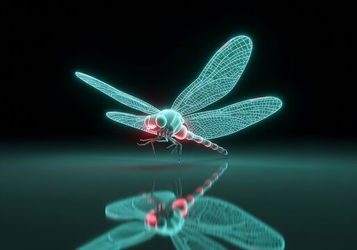 Futuristic dragonfly on surface displaying digital technology, black backdrop - Powered by Adobe