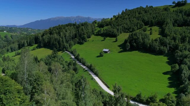 Carpathian Mountains, green hillside meadow near Pestera village with rustic animal shelter and winding dirt road, panoramic view over Bran Rucar corridor and Bucegi Mountains in summer