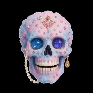 Whimsical jeweled pastel skull animation isolated asset, transparent 4K video, alpha channel, ProRes 4444