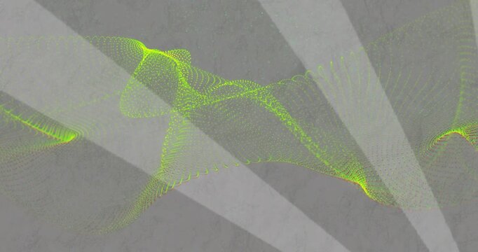 Neon-lime particle ribbon shifting, morphing after central node forming, showing wave depth