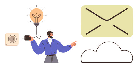Man holding power cord attached to lightbulb pointing to large email over cloud. Ideal for creativity, communication, technology, cloud storage, innovation, email marketing, digital solutions. Simple