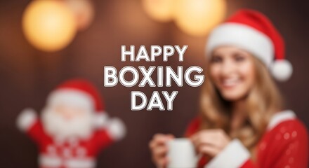 Happy Boxing Day Celebration Festive Holiday Greeting with a Smiling Woman in Santa Hat and Christmas Spirit