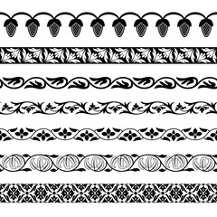 Set of black and white seamless floral borders, horizontal brushes. Indian art legacy. Indian, Arabic, Middle East classic style. Suzani style. 