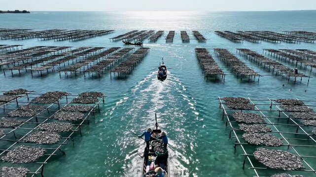 Aerial view of a vast oyster farm with boats navigating through rows of cultivation structures.