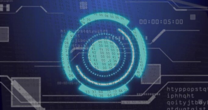 Timestamp starting cyan HUD spinning, revealing rings, cascading hex digits, completing scan