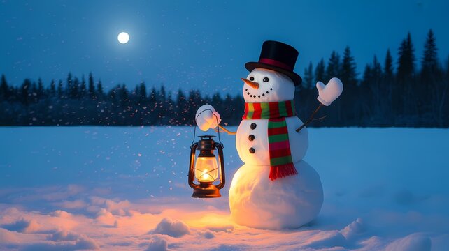 A snowman holding a lantern stands in a snowy field under a full moon on a winter night scene view - Powered by Adobe