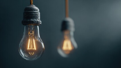 Two glowing Edison-style bulbs hang against a blurred, dark blue background