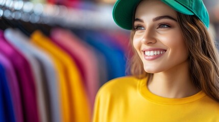 Young woman smiling while wearing bright yellow shirt and green cap in a clothing store