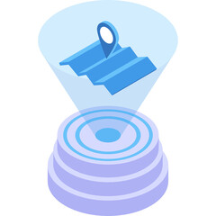 Isometric Digital Hologram Projecting Stairs With Location Pin Above Futuristic Pedestal In Blue And Purple Tones