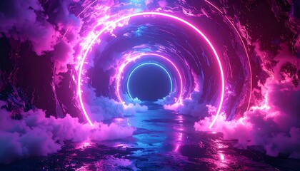 Neon ringed tunnel with fluffy clouds, vibrant pink, purple and blue hues, and mirrored reflection